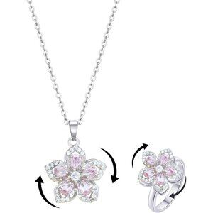 Women Flower Fidget Silver pink Set 2 Necklace Rotatable Crystal Blossom Pendant